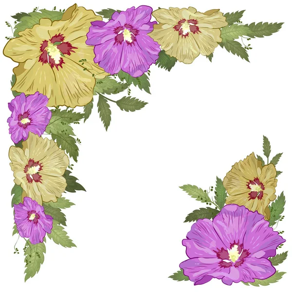 Eckkranz aus tropischen Hibiskusblüten. Blumengirlande. — Stockvektor