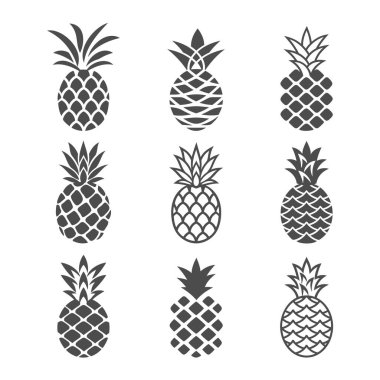 Beyaz ve siyah renklerde soyut ananas simgeleri. Modern, basit bir tarzda yaratıcı ananaslar. Logo, sembol, tropik meyve amblemi veya simgesi. Vektör illüstrasyonu.