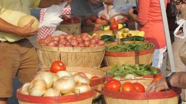 Закупка продуктов питания на фермерском рынке — стоковое видео