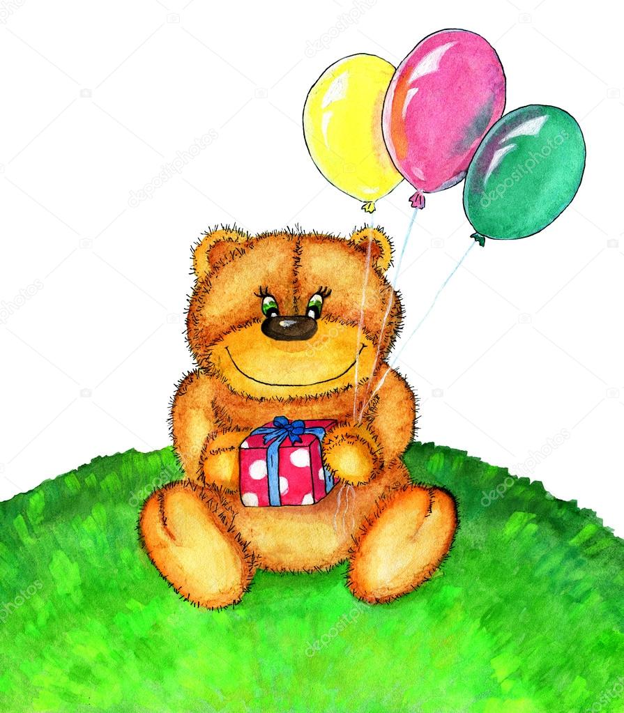 teddy holding balloons