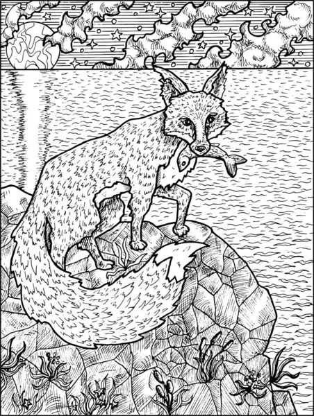 Ilustrasi Hitam Dan Putih Tentang Berburu Rubah Memegang Ikan Dengan Grafik Vektor