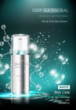 Cilt Bakımı kozmetik ürünleri. Kaymağı yenile ve arkaplanı çıkar. Atom moleküllü ilanlar. Vektör illüstrasyonu.