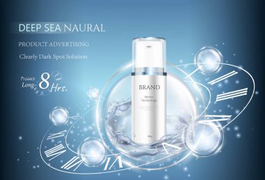 Cilt Bakımı kozmetik ürünleri. Kaymağı yenile ve arkaplanı çıkar. Atom moleküllü ilanlar. Vektör illüstrasyonu.