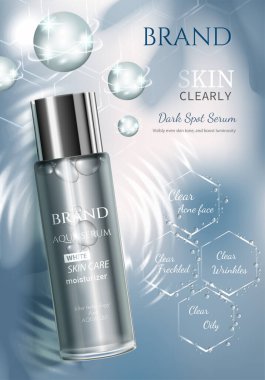 Kozmetik set reklamları, açık mavi arkaplan üzerine lüks mavi paket tasarımı molekül parıltılı bokeh ve kabarcıklar 3d illüstrasyon