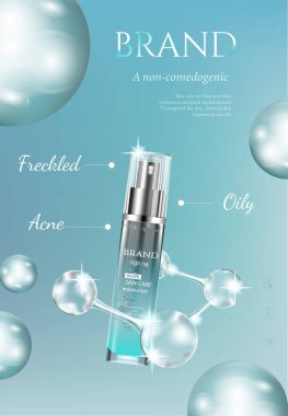 Kozmetik set reklamları, açık mavi arkaplan üzerine lüks mavi paket tasarımı molekül parıltılı bokeh ve kabarcıklar 3d illüstrasyon