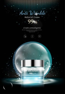 Nem krem reklam şablonunun, koyu mavi arka plan üzerinde izole boş mavi krem şişe tasarımı