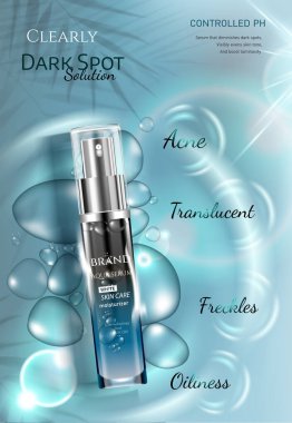 Mavi su yüzeyinde cilt bakımı ve tropikal yapraklar. Parlak ışıklar ve süngerlerle. Lüks reklam vektörü illüstrasyonu.