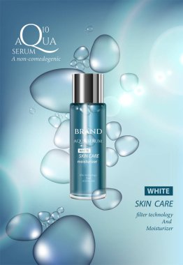 Kozmetik set reklamları, derin deniz arka planında lüks paket tasarımı molekül parıltılı bokeh ve kabarcıklar üç boyutlu resimleme