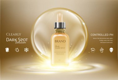 Altın serumu esansı yağ şişesi baloncuk sıvısı etkisi arka planı. Premium Cilt Tedavi Reklam Şablonu. Altın su kabarcıkları. 3B illüstrasyon