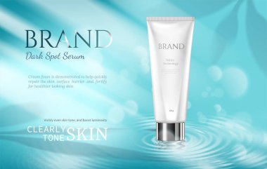 Kozmetik ürünler, cilt bakım ürünleri, su yüzeyinde lüks borular. Yaprak gölgeli. Mavi bir arka planda. 3d vektörü