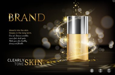 Kırışıklık önleyici krem reklamları, kırmızı ışık efektli kozmetik kırmızı krem kavanozu 3D resimli kırmızı lazer ışığı, altın arkaplan