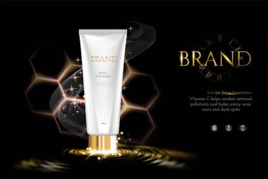 Kırışıklık önleyici krem reklamları, kırmızı ışık efektli kozmetik kırmızı krem kavanozu 3D resimli kırmızı lazer ışığı, altın arkaplan