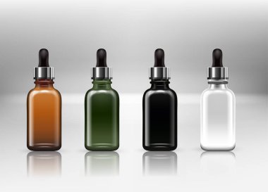 Gerçekçi Detaylı 3d Boş Parfüm Şişesi Boş Şablon Mockup Set Farklı Türleri Açıldı ve Kapalı Görünüm. Vektör çizimi