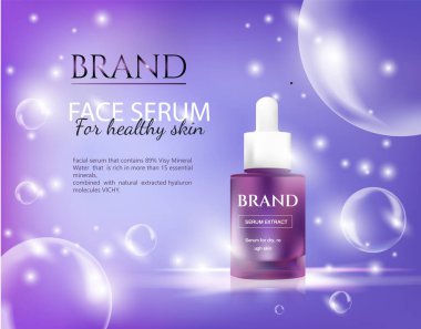 Zarif cilt bakımı reklamları, mor renkli kozmetik reklamlar ve kabarcıklar.