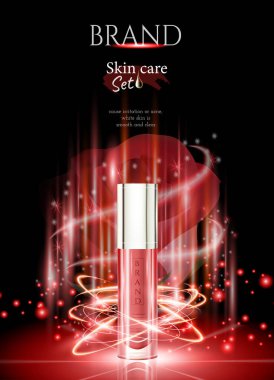 Çekici kozmetik reklamları, 3 boyutlu resimde kırmızı ambalaj cildi, sim parçacıkları elementleri