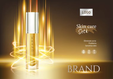 Kozmetik ürün reklamları, altın ışık efekti rengi ve 3 boyutlu resimli ışıldayan ışıklarla dolu şişe kozmetiği.