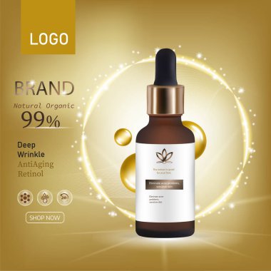 Ads Gold Kozmetik, dalgaların ve ışık efektlerinin arka planında profesyonel yüz serumu var. Tasarım, reklam, kozmetik ürünlerinin tanıtımı için şablon kozmetik ürünleri