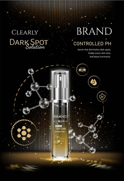 Koyu altın esans reklamları. Altın sarısı parıltı efektli cilt bakımı ve sprey şişesi, 3 boyutlu illüstrasyon