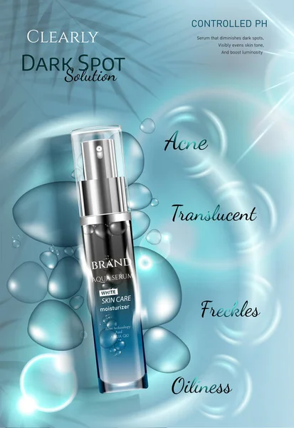 Mavi su yüzeyinde cilt bakımı ve tropikal yapraklar. Parlak ışıklar ve süngerlerle. Lüks reklam vektörü illüstrasyonu.