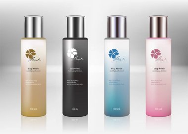 Şişe takımı. Kozmetik boş şişeler sıvı ilaç için sprey paketleme. Renkli parlak ve Matt kapaklı şeffaf şişe şablonu. 3d Vektör biçimlendirme paketi