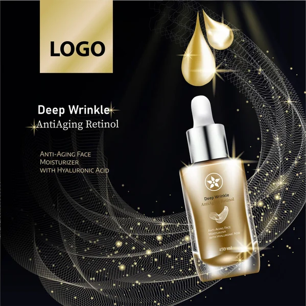 Ads red luxury Cosmetic with professional facial serum on the background of waves and light Effect.