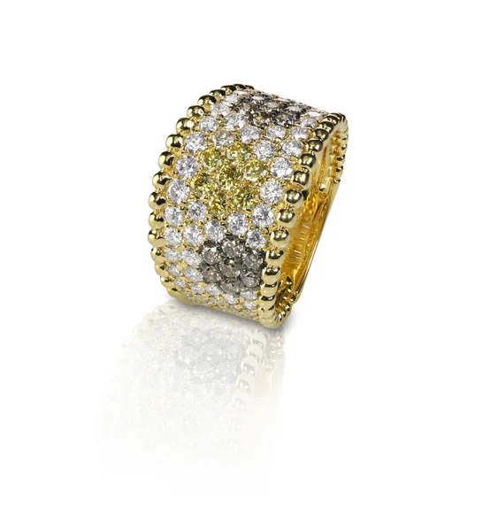 Bague fantaisie pavée de diamants de couleur avec ston jaune brun et blanc — Photo