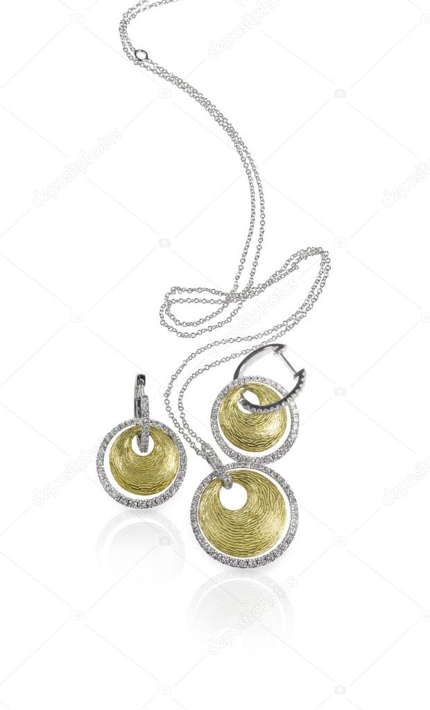 Diamond white and yellow gold fashion necklace and earring set