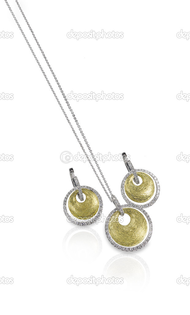 Diamond white and yellow gold fashion necklace and earring set