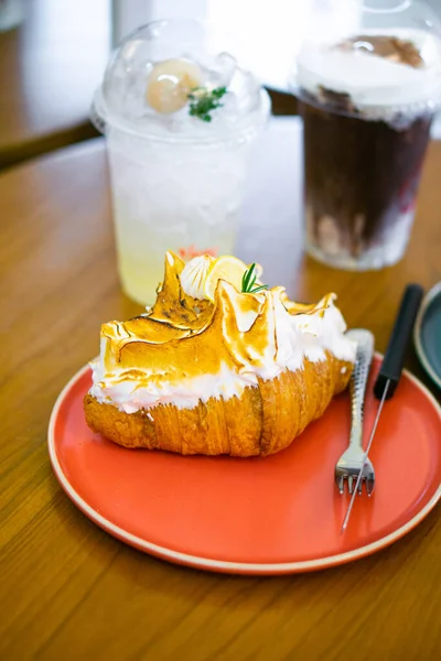 Croissant Homemade Butter Topped Cream Lemon Sauce — Stock Photo, Image