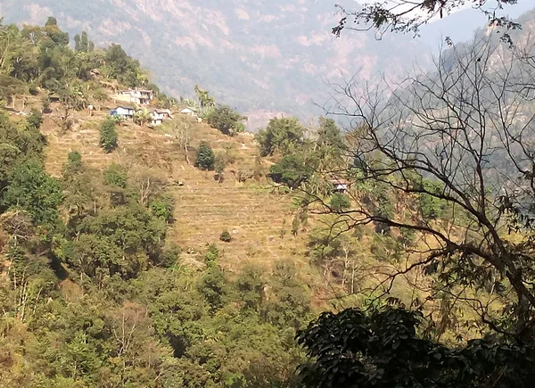 东锡金Lingmo村收获后空旷土地和传统房屋的全景 — 图库照片