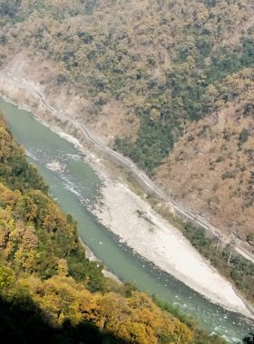 A panoramic view of the Teesta River flows amid NH10 (above) that connects Sikkim with the rest of the world, look mesmerizing as seen from Namthang, Sikkim. 