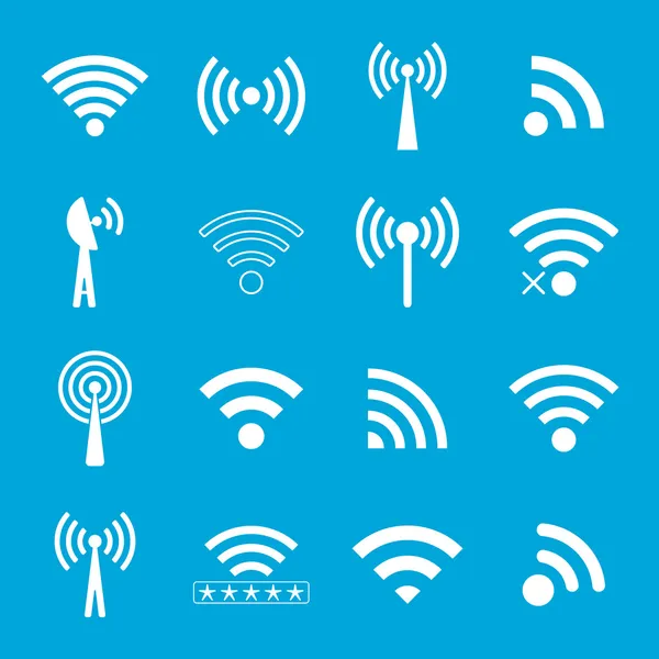 Sada bílých wifi ikon na modrém pozadí — Stockový vektor