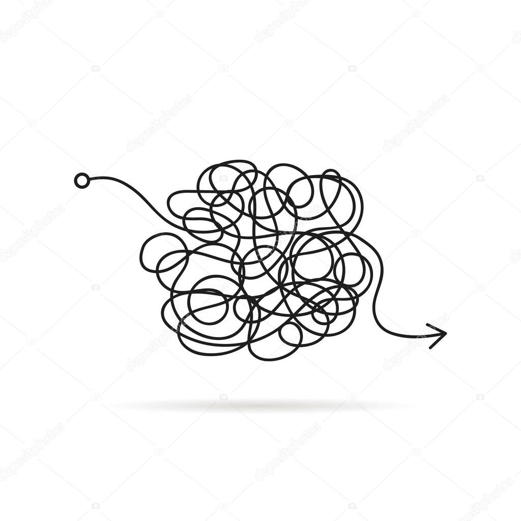 Messy line like finding a solution. concept of find the right way and path with start begin and finish end. flat trend modern clutter logotype graphic art black design isolated on white background