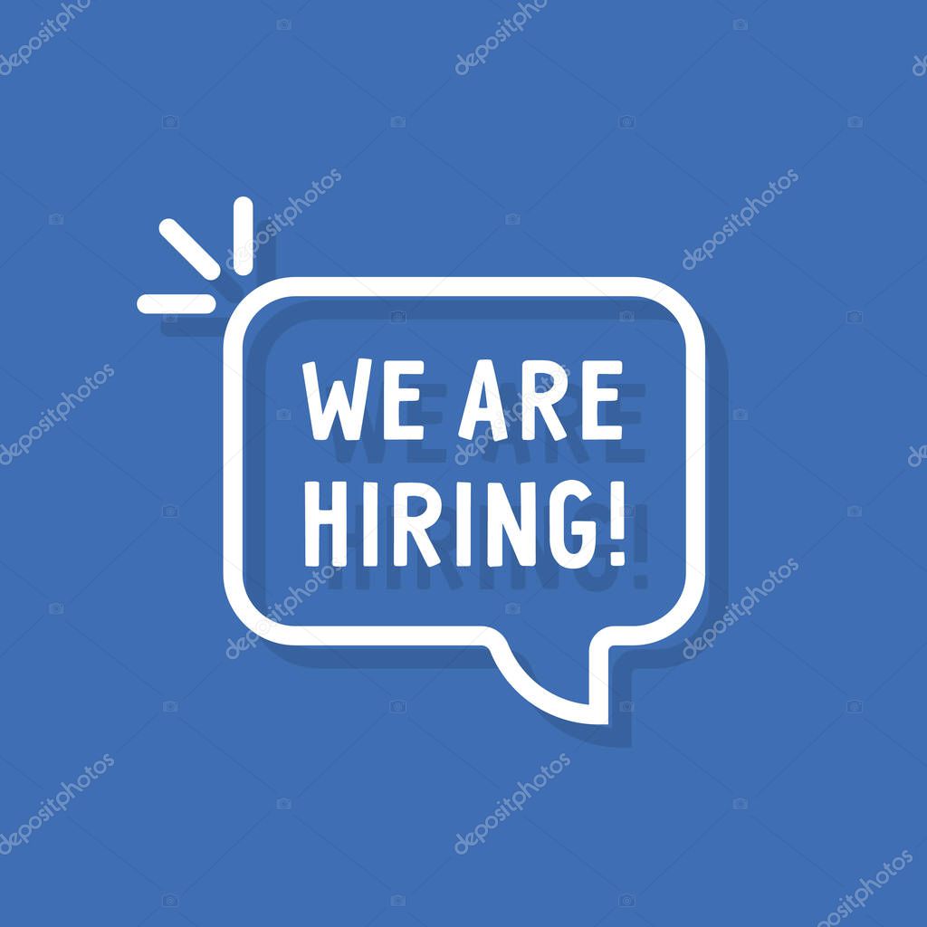 White we re hiring thin line bubble. concept of search worker in office or find employees. flat art style trend modern simple sms logotype graphic lineart design element for flyer isolated on blue