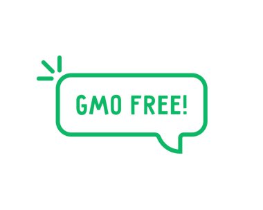 Gmo ücretsiz metni olan konuşma balonu. Doğrusal düz trend modern kelime logoti grafik tasarım elementi beyaza izole edildi. Gıda konsepti genetiği değiştirilmiş organizma amblemi olmadan