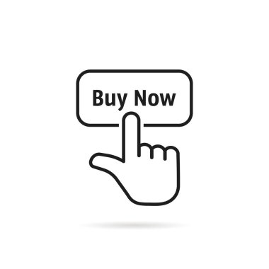 linear hand with black buy now button. concept of client making easy decision or pre-order and forefinger badge for online store e-commerce. cpc logotype graphic design illustration isolated on white