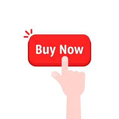 hand press on red buy now button. concept of forefinger badge for online store or e-commerce client making easy decision or pre-order. flat minimal cpc or ppc logotype graphic design isolated on white