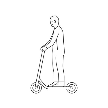 Doğrusal adam elektrikli scooter kullanıyor. düz çizgi, minimal tarz, modern çizgi, grafik, basit tasarım, beyaz arkaplanda izole edilmiş. Şehir içi araç kiralama ya da eğlence yürüyüşü için kiralama kavramı
