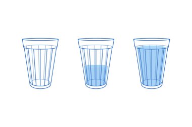 Üç tane mavi bardak su. düz vuruş tarzı trend modern grafik grafik çizim logosu tasarım elementi beyaz arka planda izole edildi. İyimser, karamsar ve dolu ya da boş bardak konsepti