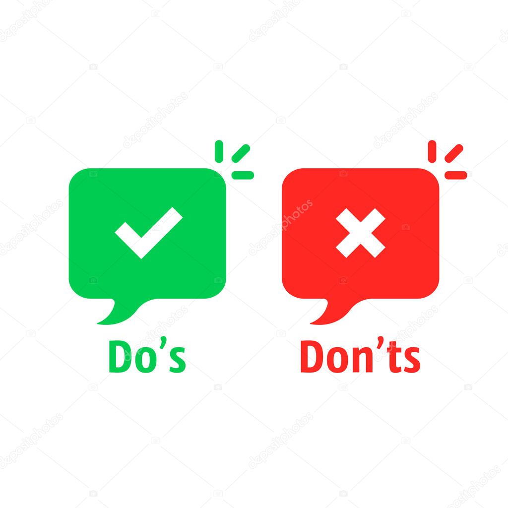 Positive and negative check marks. concept of do s and don ts checkmarks sign or okay or fail for checklist. flat checkbox or complaint logotype graphic red and green simple design isolated on white