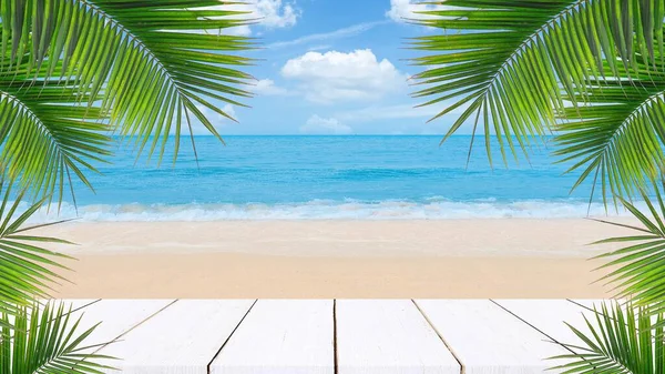Holztischplatte Mit Meer Und Himmel Hintergrund — Stockfoto