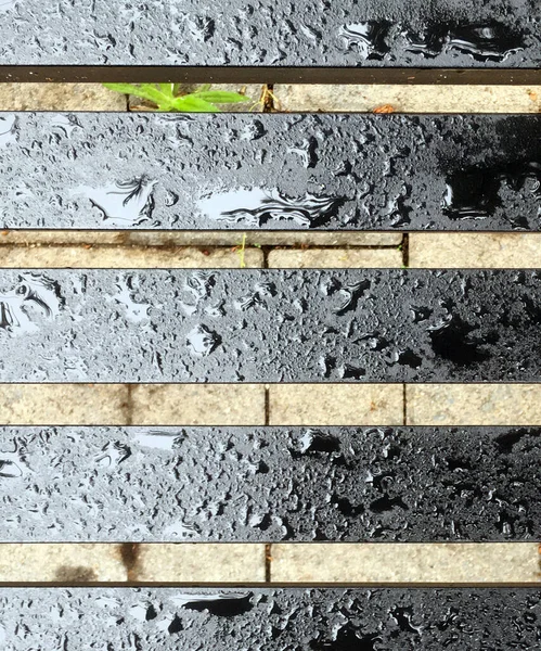 Секция Черного Пластикового Покрытия Скамейки Парка Водой Утреннего Тумана Поверхности — стоковое фото