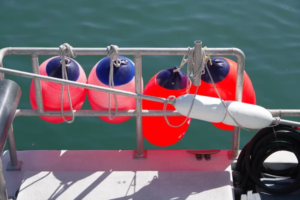 Four Red Buoys Other Equipment Commercial Fishing Boat Harbor — Stock Photo, Image