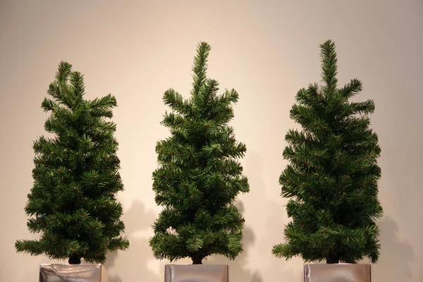 Exposição Férias Decorativa Com Três Pequenas Árvores Natal Artificiais — Fotografia de Stock