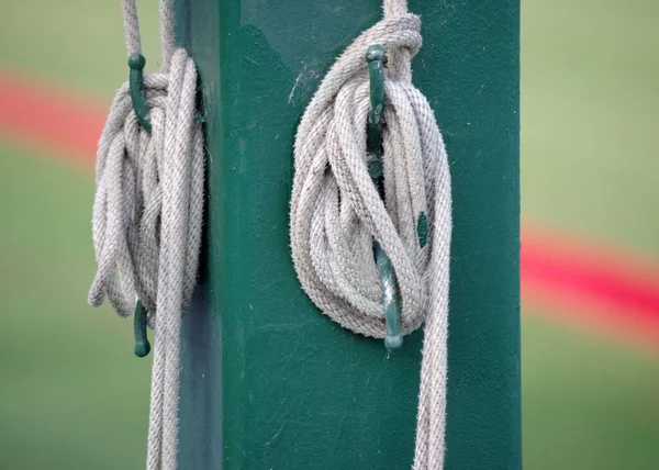 Strong Ropes Tied Green Post Holding Place Awnings Sun Sails — Stock Photo, Image