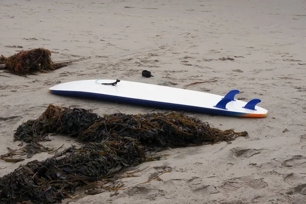 Ein Einsames Surfbrett Liegt Auf Dem Sand Strand Inmitten Von — Stockfoto
