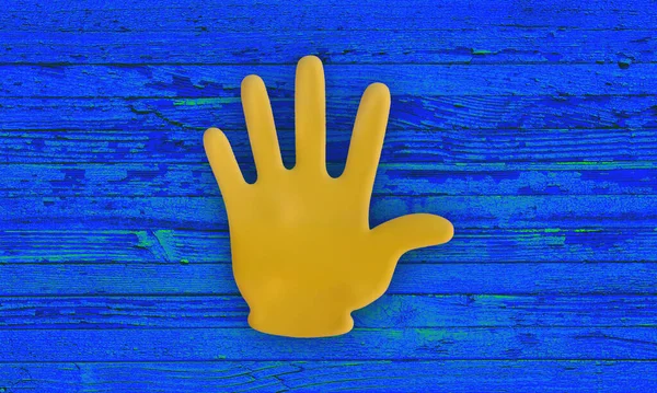 Gelbe Hand Vor Einer Blauen Holzplankenwand Symbolisch Für Die Ukraine — Stockfoto