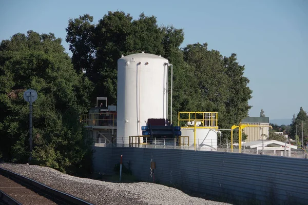 Landscape Trees Industrial Silo Next Train Tracks — стоковое фото