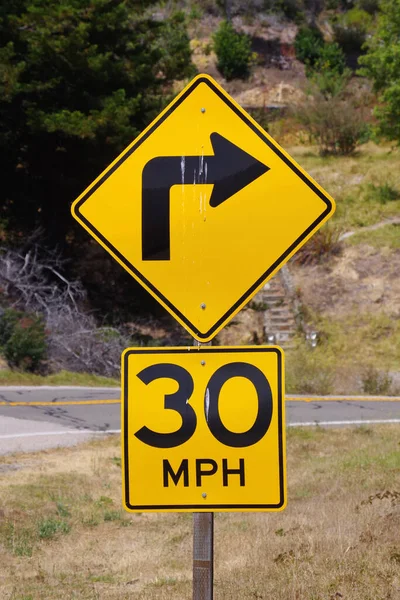 Traffic Warning Sign Right Curve Mph — Zdjęcie stockowe