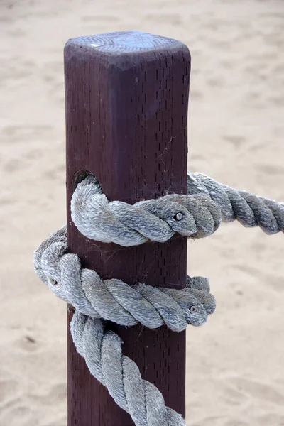 Wooden Post Heavy Rope Close Driveway — 스톡 사진
